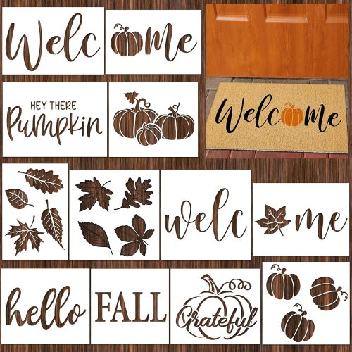 1 12 Pcs Large Fall Stencils for Door Mats Reusable Welcome Pumpkin Autumn Leaves Stencil Templates for Painting on Wood Doormat Holiday Art and Craft Drawing DIY Project