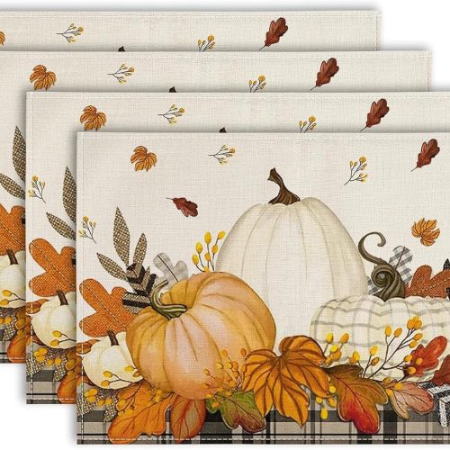 1 Thanksgiving Placemats, 12x18 Inch Pumpkins Fall Harvest Placemats Set of 4, Seasonal Maple Leaves Autumn Table Mats Place Mats for Thanksgiving Party Kitchen Dining Decoration (Orange)