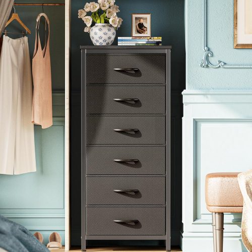 1 Huuger Tall Dresser for Bedroom, 6 Drawer Dresser & Chests of Drawers, Fabric Dresser for Closet, Bedroom, Night Stand, End Table with Metal Frame, Storage Tower with Fabric Bins, Black