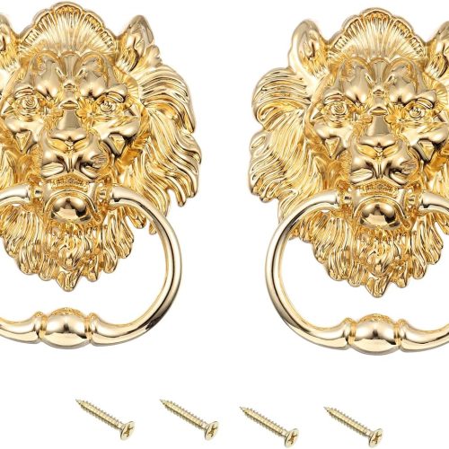 2 Pcs Lion Head Pulls Knob, 6 Inch Zinc Alloy Vintage Lion Door Handle Decorative Front Door Knob Ring Pull Handle for Gate Cabinets Drawers, Gold