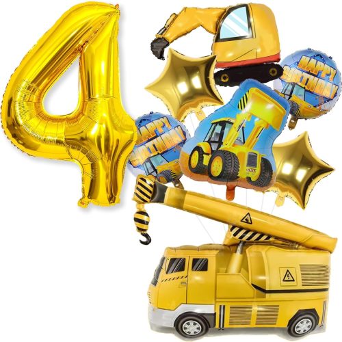 1 Construction Balloons 4th Birthday, 9Pcs 40 Inch Gold Number 4 Balloons with Large Excavator Dump Truck Crane Bulldozer Foil Mylar Balloons Set for Boys Construction Birthday Party Supplies 4 Year Old