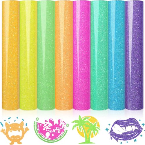 1 Neon Glitter HTV Heat Transfer Vinyl Bundle, 8 Packs Glitter Iron on Vinyl for Shirts, Sparkle 12''x10'' HTV Vinyl with Hot Pink/Neon Green/Yellow/Teal/Purple for DIY Clothes, Fabrics