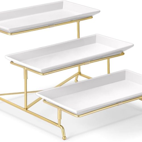 1 3 Tier Serving Tray Set Porcelain Tiered Serving Platters, Collapsible Sturdier Stand with Stable Cross Bars, 12 Inch Three Layer Serving for Party Entertaining Food Display Fruit Dessert
