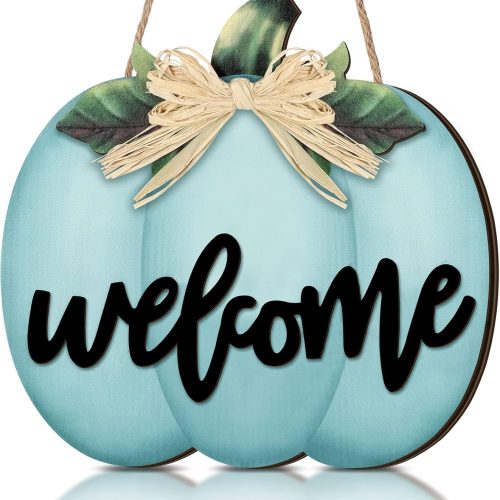 1 Fall Decor Pumpkin Welcome Sign Thanksgiving Door Hanger Wooden Pumpkin Decor Hanging Porch Sign for Autumn Harvest Thanksgiving Farmhouse Wall Decoration(Dusty Blue)