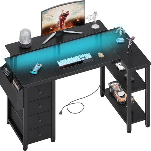 1 Black L Shaped Desk with Led Lights and Power Outlets, 47 Inch Writing Study Computer Gaming Desks with Fabric Drawers for Bedroom, Home Office Corner Desk with Monitor Stand Shelves, Black