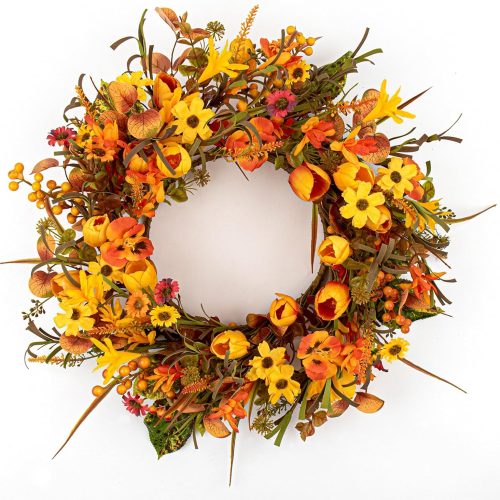 1 18 Inches Fall Wreaths for Front Door Rustic Autumn Wreath Farmhouse Fall Floral Wreaths with Tulips Phalaenopsis Orange Wildflowers for Wall Window Porch Indoor Outside Decor