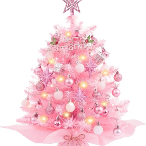 1 20in Mini Christmas Tree with Lights Pink Small Christmas Tree Artificial Tabletop Xmas Decor Holiday Decoration for Home, Office, Party