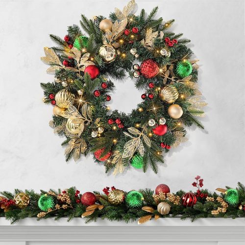 1 Christmas Lighted Wreath for Front Door, 28 Inches Pre-Lit 35 LED Lights, Red and Green Classic Artificial Holiday Wreath for Indoor Outdoor Home Decorations