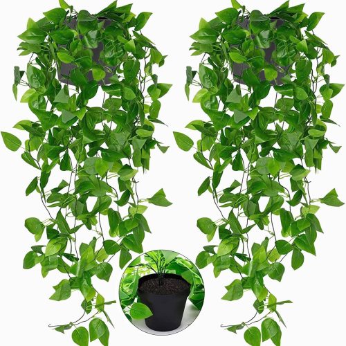 1 2 Pack Fake Hanging Plants with Pot,Artificial Hanging Plant Fake Plants Faux Ivy Vine Wall Hanging Plants Greenery Shelf Home Office Indoor Outdoor Decor(2 Potted)