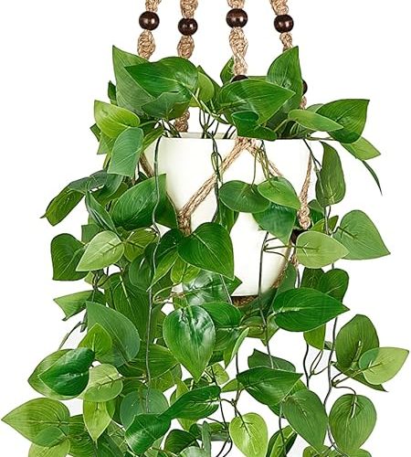 1 Fake Hanging Plant with Pot, Artificial Plants for Home Spring Decor Indoor Macrame Plant Hanger with Faux Vine Hanging Planter Greenery for Bedroom Bathroom Kitchen Office, Brown (Pothos)