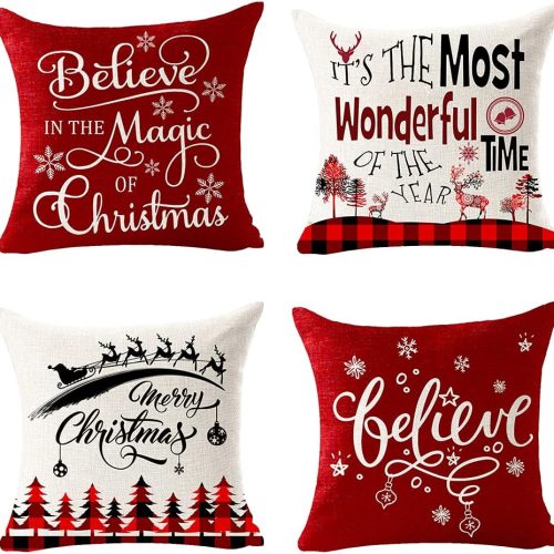 1 Merry Christmas Believe Snowflake Happy Winter for Family Cotton Linen Decorative Throw Pillow Cover Cushion Case Lumbar 12''X20''inches