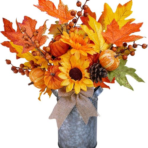 1 1 Pc Fall Farmhouse Centerpiece Rustic Metal Milk Jug Fall Arrangement Autumn Harvest Orange Artificial Pumpkin Pinecone Sunflower Berry Maple Leaf Centerpiece for Thankgiving Table Decoration