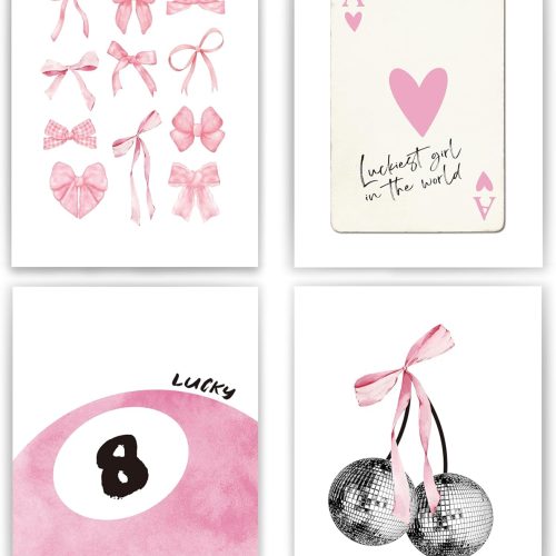 Pink Coquette Trendy Preppy Wall Art Prints Set of 4, Coquette Room Decor, Preppy Room Decor Aesthetic, Pink Bow Disco 8 Ball Cherry Wall Decor Posters for Girls Bedroom Dorm, 12x16 Unframed