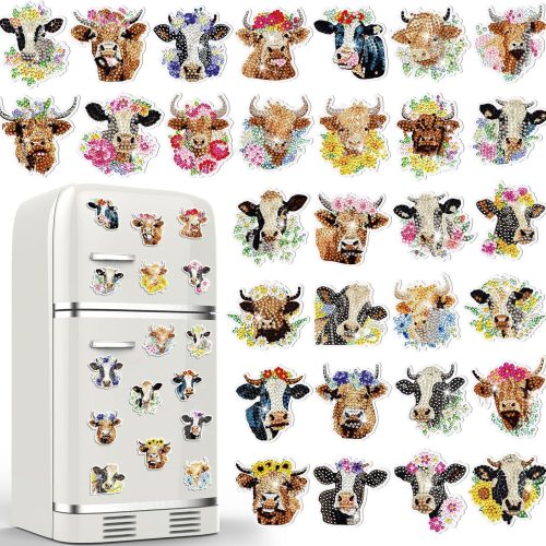 1 30 Pcs Cow Diamond Painting Magnets Highland Cows Diamond Art Magnet Kits for Adults Cute Animal Flower 5d Rhinestones Refrigerator Stickers for Fridge DIY Crafts Gifts
