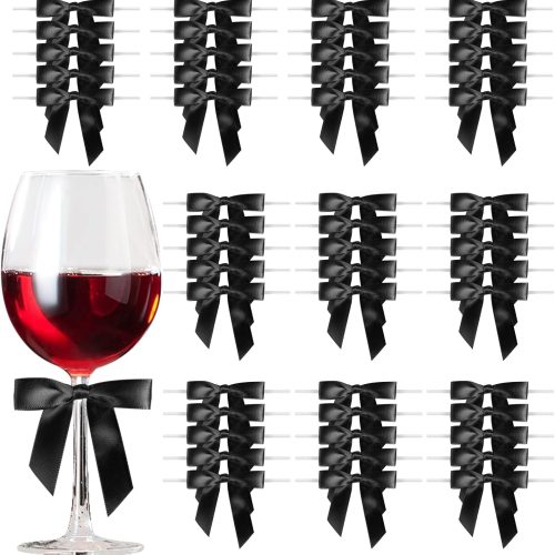1 Satin Ribbon Black Bow Decor 2.5" Premade Pink Twist Tie Bows for Gift Wrapping Treat Bags Party Favors Wedding Decorations - 50 Counts