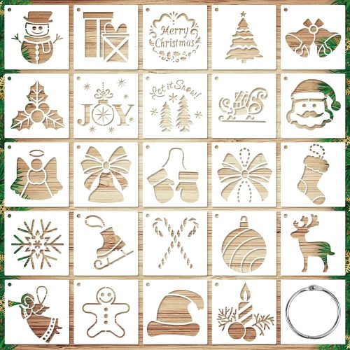 1 24pcs Merry Christmas Stencil for Painting on Wood, Snowflake Santa Claus Reusable Small Christmas Template Rectangle Stencils for Drawing Craft Fabric Wall Cards Scrapbook (3x3 Inch)
