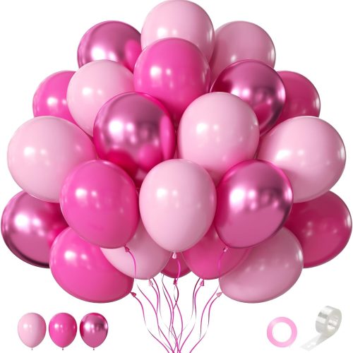 1 Pink Balloons Set, 55 PCS Metallic Pink Balloons, Baby Pink, Hot Pink 12 Inch Latex Balloon for Girls Women Birthday Party, Bridal Shower, Baby Shower, Wedding, Princess Party Decoration