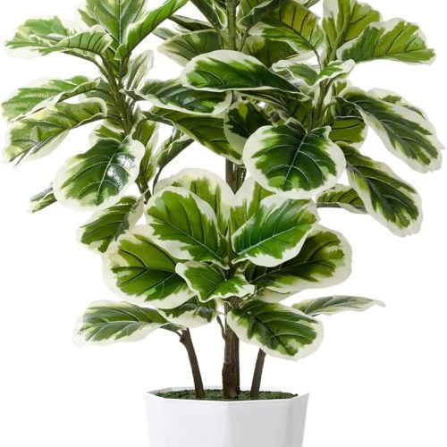 Artificial Fiddle Leaf Fig Plant Indoor 5FT Faux Rubber Tree with White Diamond Planter Tall Fake Floor Plant in Pot Artificial Trees for Home Office Living Room Decor Indoor