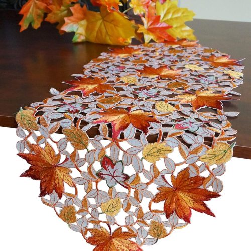 Fall Halloween Table Runner 13"x36" Thanksgiving Holiday Cutwork Applique Embroidered Pumpkins Maple Leaves and Bats Dresser Scarf for Home Dining Autumn Tabletop Decoration (Maple Leaves, 13"x34")