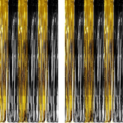1 Black and Gold Party Streamers Decoration - GREATRIL Foil Fringe Backdrop for 2026 NYE/Anniversary/Farewell/Cocktail/Prom/EID/Birthdays - 3.2ft X 8.2ft - 2 Packs