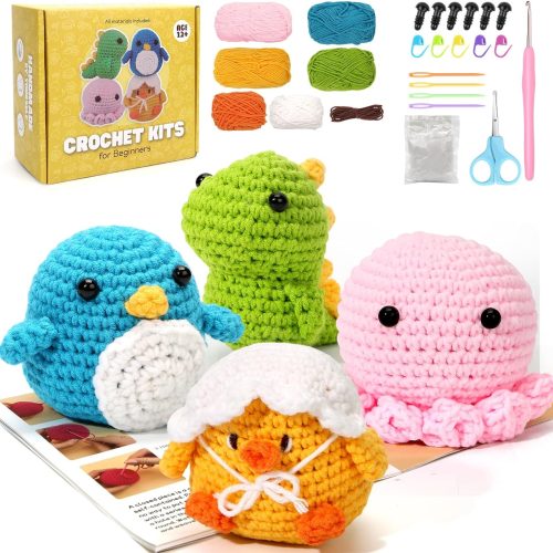 1 Crochet Kits for Beginners, Beginner Starter Sets with Step-by-Step Video Tutorials - Ideal Gift for Adults, Kids, Crochet Lovers, Ideal Gift for Birthday, Christmas, 4 Cute Patterns with Extra Yarn
