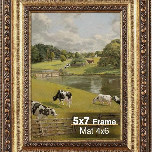 1 5x7 Gold Picture Frame, Ornate Vintage Picture Frames for Wall or Tabletop Display, 5x7 Photo Frame Gold with Real Glass, Display Poster 4x6 with Mat or 5x7 without Mat for Antique Déco