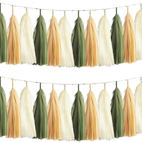1 We Moment Sage Green Cream Khaki Tissue Tassel Garland for Neutral Baby Shower Nursery Classroom Decorations,DIY Kits,15PCS