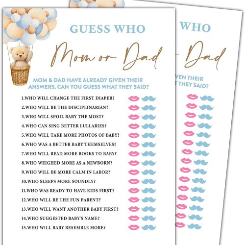 1 Bear Balloon 30 Guess Who Mom or Dad Game Cards, We Can Bearly Wait Gender Reveal Party Supplies Favors (5"x7") - E05