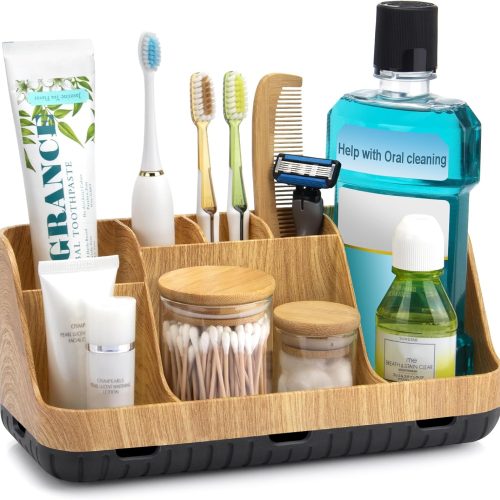 Bathroom Organizers and Storage - Detachable 7 Slots Kids Electric Toothbrush and Toothpaste Holde Drainage for Bathroom Accessories Organization Counter Vanity Storage, Wood