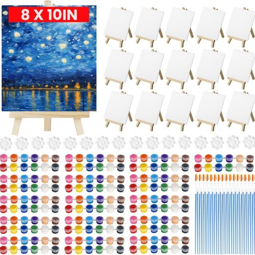 1 16 Set Canvas Painting Kits for Kids Adults, 8x10 inch Canvas and Easel Set with Acrylic Paint Strips, Pallettes, Brushes, Art Sip and Panit Party Kit for Beginners Drawing