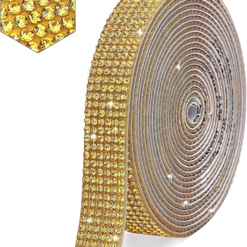 1 Self Adhesive Gold Crystal Rhinestone Strips Diamond Ribbon Bling Gemstone Sticker Rhinestone Roll for Craft with 2 mm Rhinestone for DIY Arts Crafts,Wedding Party,Car Phone Decoration (Gold)