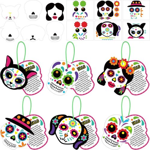 1 30 Sets Day of The Dead Sugar Skull Craft Kit Dia De Los Muertos Hanging Sign Ornament with Rope Make Your Own Sugar Skull Craft for Halloween Mexican Party Home Decorations Supplies