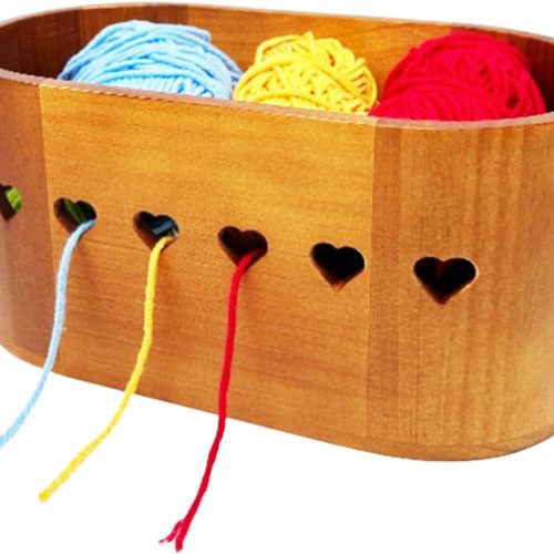 1 Wooden Yarn Bowl for Crocheting and Knitting, Large Yarn Storage Crochet Bowl, Handmade Yarn Holder Bowl with Heart-Shaped Holes on Both Sides