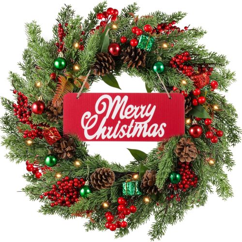 1 Artificial Christmas Wreath,20 inch Xmas Winter Door Wreath with Wooden Merry Christmas Sign,Balls,Gift Boxes,LED String Lights for Front Door,Window Home Wall Decor