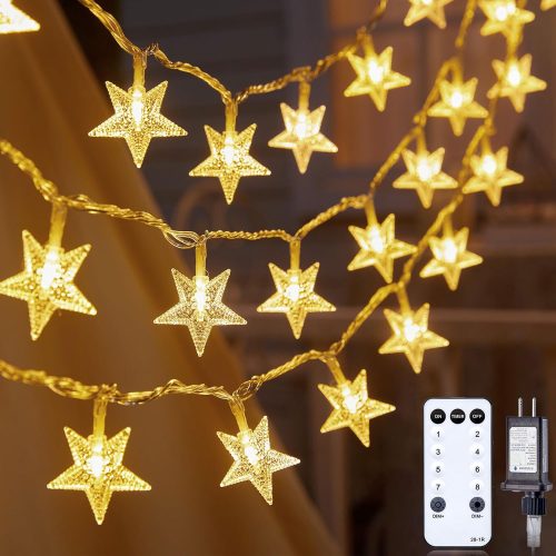 1 Star String Lights Plug in - 33 ft 100 LED Star Fairy String Lights with Remote and Timer, Waterproof for Bedroom Porch Wedding Party Patio Garden Tent Indoor Outdoor Décor, Warm White