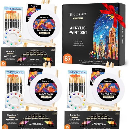 1 Shuttle Art 87 Pack Acrylic Paint Set, Painting Kit with 3 Pack of 15 Colors Acrylic Paint, 3 Sets of Wooden Easels, Canvas, Brushes & Palettes, Art Painting Supplies Kit for Adults Kids Beginner