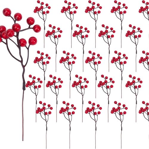 1 24pack Artificial Berry Stems, Burgundy Red Berry Picks Holly Berries Branches Stems for Christmas Tree Decorations Insert Holiday Wedding Crafts Winter Décor Home Decor