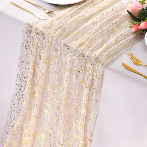 1 Snowkingdom 6Pcs 10 Ft Gold Table Runners, Sheer Chiffon Tulle Cheesecloth Golden Sequin Glitter Metallic Foil, Gold Party Table Decoration Centerpiece for Wedding Birthday Anniversary Christmas