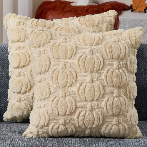 1 Fall Pillow Covers 18x18 Set of 2 Fall Decorations Autumn Beige Big Pumpkin Throw Pillow Cases Soft Plush Faux Fur Wool Couch Cushion Case for Chair Sofa Living Room Home Decor PTK047A18