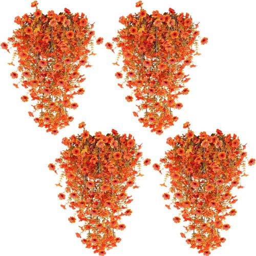1 4 Pcs Artificial Hanging Fall Flowers Fall Decorations, Fake Mums for Outdoors UV Resistant Hanging Plants Faux Silk Daisy Flowers for Autumn Decor Home Indoor Outside Gardens Porch (Orange)