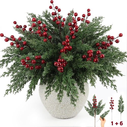 1 12Pcs/84Pcs Christmas Artificial Pine Branches with Red Berry Stems, 18‘’ Faux Evergreen Christmas Tree Picks, Cedar Cypress Leaves Stems for Xmas Decorations Indoor DIY Craft Garland Home Decor