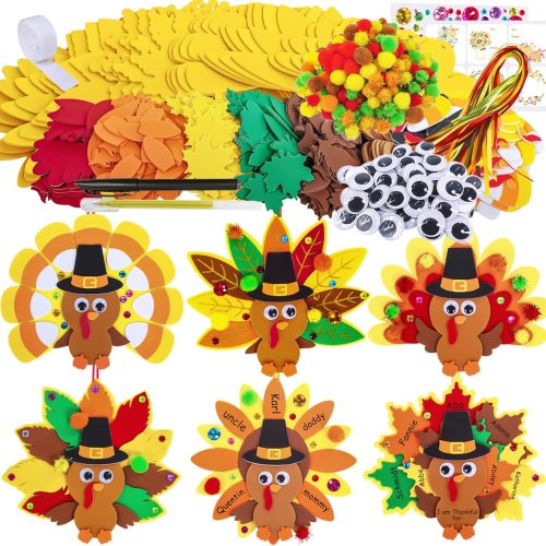 1 Winlyn 24 Sets Thanksgiving Turkey Ornaments Decorations Art Sets DIY Thanksgiving Craft Kits Fall Crafts Autumn Leaf Pumpkin Turkey Foam Stickers Arts and Crafts for Kids Party Classroom Activities