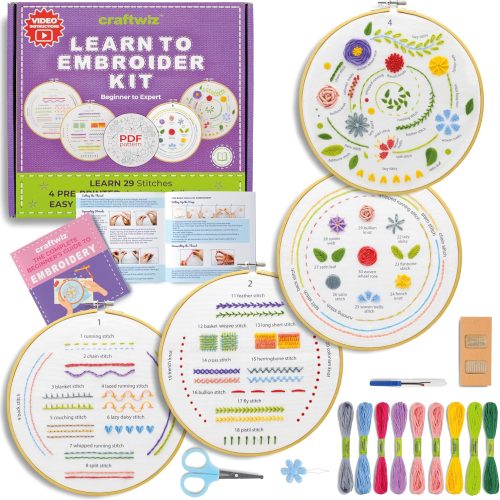 1 Craftwiz 4-Piece Starter Embroidery Kit for Beginners and Expert with Simple Patterns, Learn 29 Stitches with Hand Embroidery Kit
