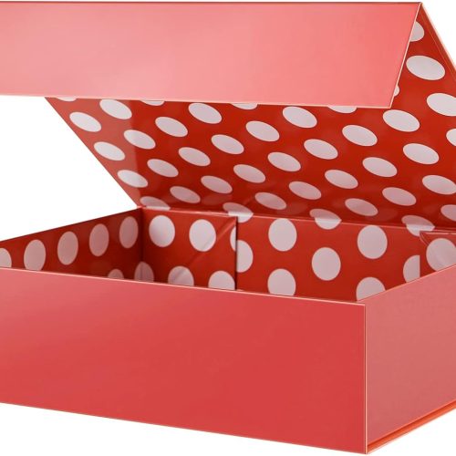 1 GREEN BEAN Gift Box 13x9.7x3.4 Inches, Large Red Gift Box with Lid for Presents, Magnetic Shirt Gift Boxes for Clothes (Glossy Metallic Red, Dot Design Inside)