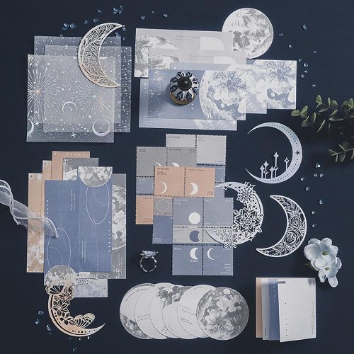 1 Doraking 63PCS Moon Embellishment Scrapbook Paper Packs for Journaling Supplies, Material Papers Memos Stamps Cards for Journals Planners Aesthetic DIY Art Crafts Collage Album