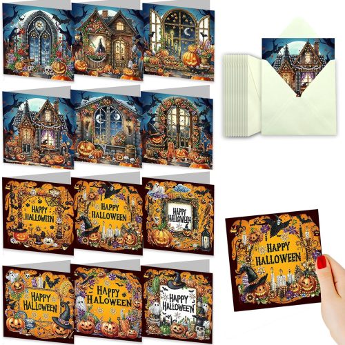 1 YOKUSHI 12 PCS Diamond Art Painting Halloween Greeting Cards with Envelopes, Pumpkin Craft DIY Card Making Kits for Adults Kids Gifts (Bule-Orange)