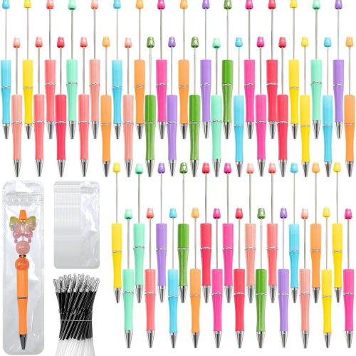 1 150 Pieces DIY Beadable Pens Kit - 50 plastic Beadable Pens Bulk, Refills & pen bags Included - Beaded Pens Black Ink Ballpoint Cute Pens(Bright)