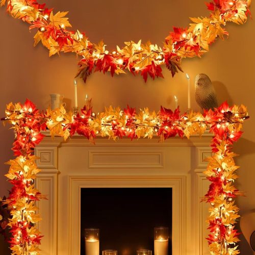 1 9FT Fall Decorations for Home Large Leaves Fall Garland with Lights Plug in 50 Bulbs Connectable Thanksgiving Garland String Lights for Outdoor Indoor Harvest Fireplace Fall Decor(1 Pack)