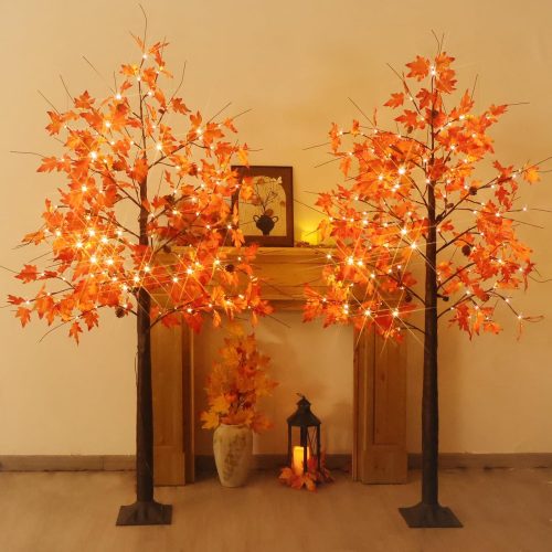 1 Fall Tree with Lights, 2 Pack 6FT Lighted Maple Tree, Prelit Artificial Tree Thanksgivng Decor, Dimmable Autumn Tree Lights, Lighted Fall Tree for Home Decor Harvest Halloween Decorations
