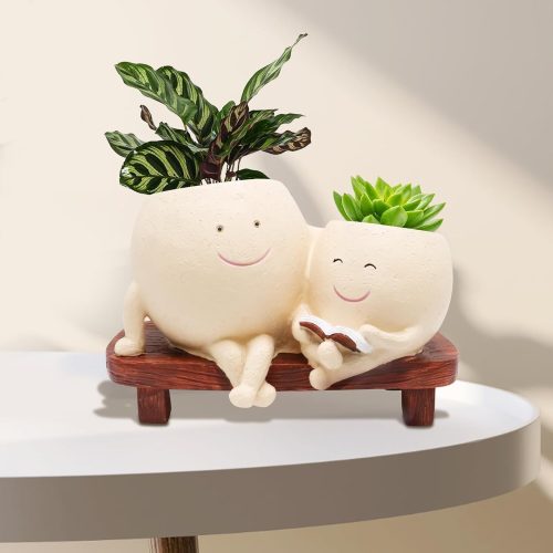 1 Smily Face Planter Pot for Plants, Cute Double Head Planters for Indoor Outdoor Plants, Modern Lady Head Vase Girl Face Planter, Unique Succulent Pots with Drainage Hole (Khaki)